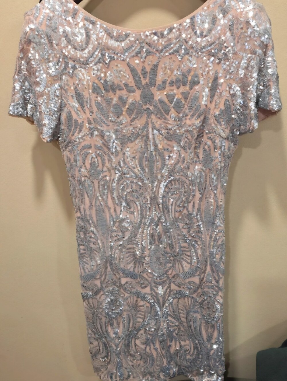 Sequin Embellished Blush Pink Party Dress with Silver Accents
